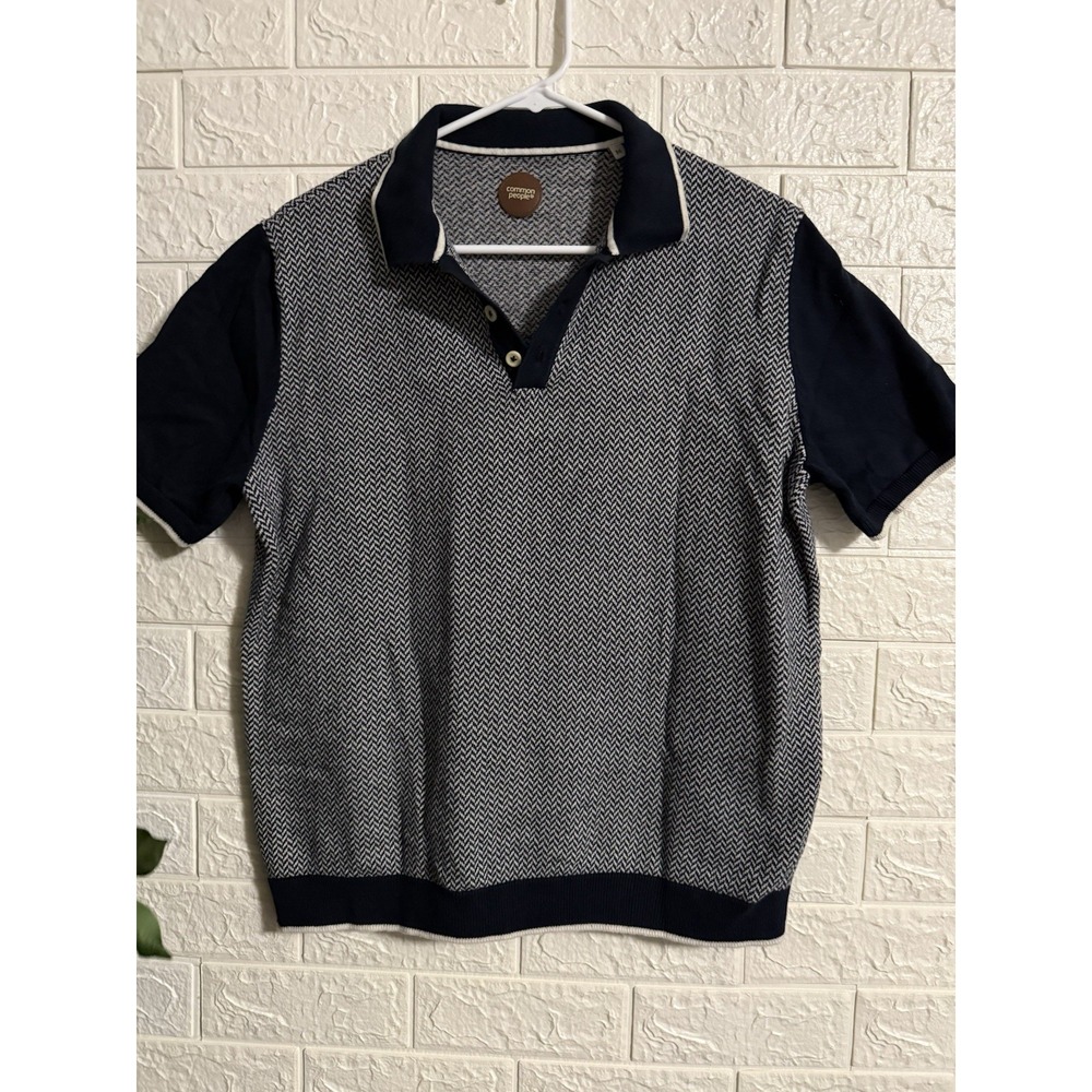 Common People Short Sleeve Polo Sweater Navy Blue White Chevron Knit Women M